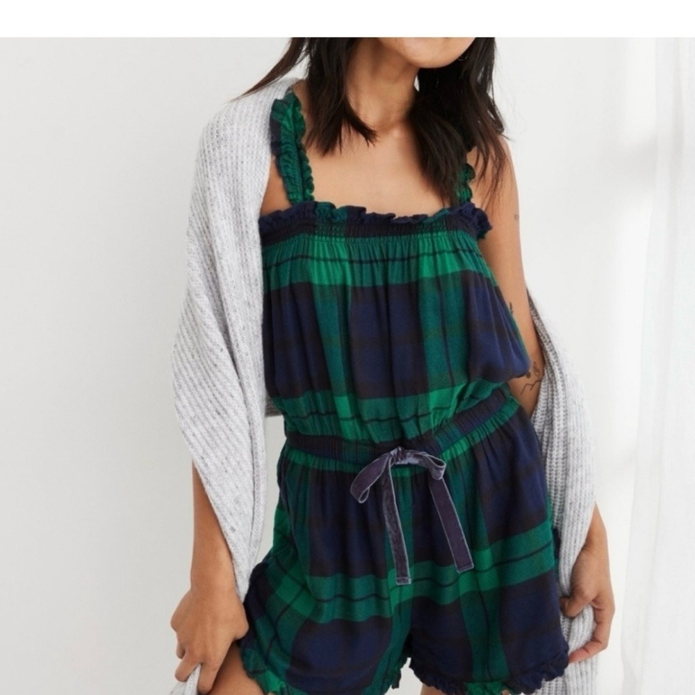 Aerie Navy Green Plaid Ruffle Strap Romper with Velvet Tie S/P